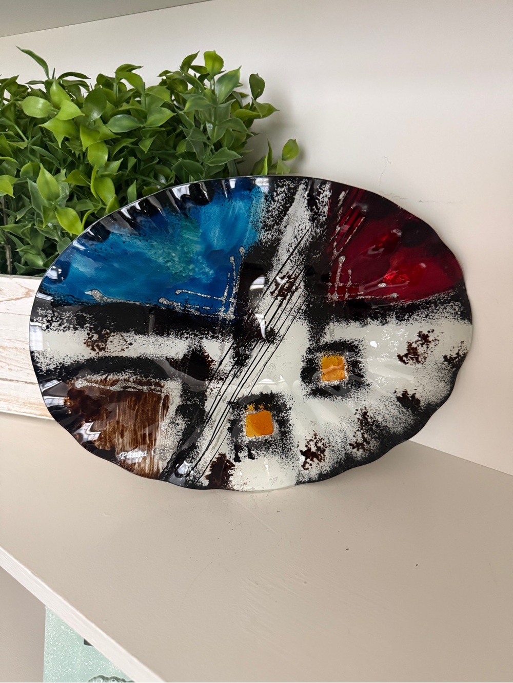 Punta Cana Art Glass Platter Abstract Fused Glass Decorative Dish 11.5”
